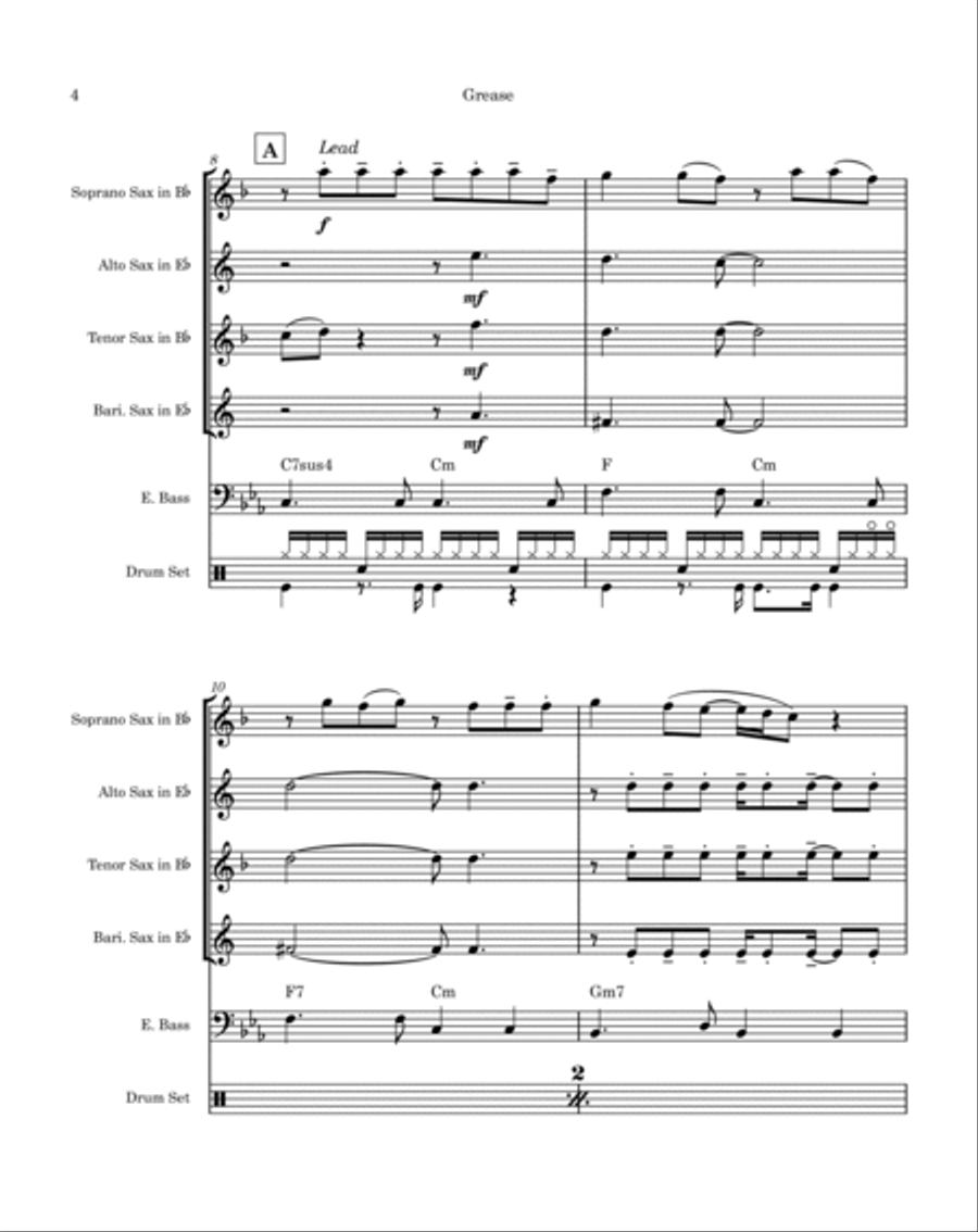 Grease Saxophone Quartet scores gallery preview page 4
