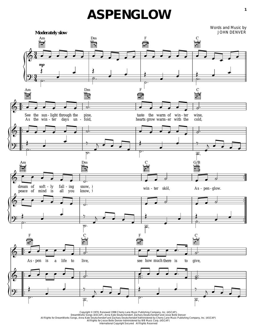 Aspenglow Piano, Vocal, Guitar scores gallery preview page 1
