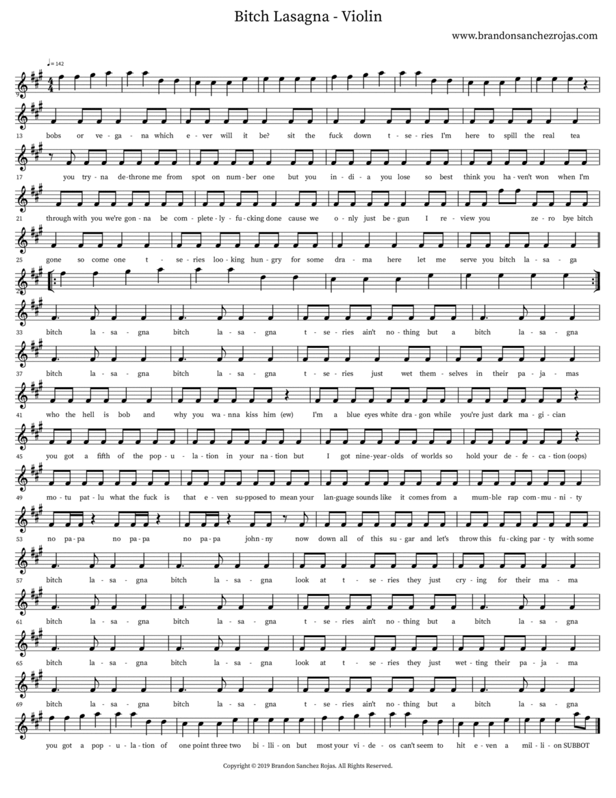 Bitch Lasagna - Violin Bitch Lasagna - Violin Violin Solo scores gallery preview page 1
