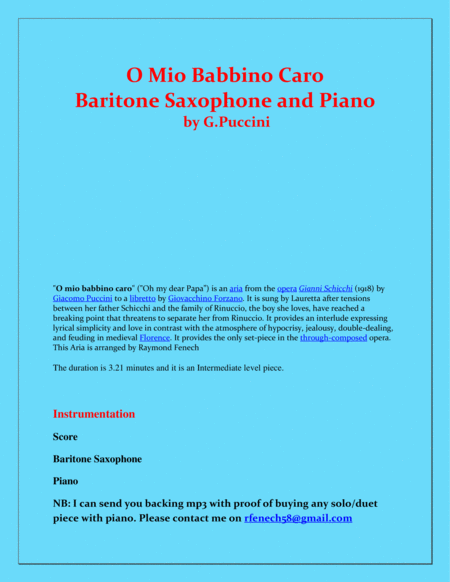 O Mio Babbino Caro - G.Puccini - Baritone Sax and Piano image number null