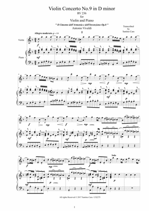 Book cover for Vivaldi - Violin Concerto No.9 in D minor RV 236 Op.8 for Violin and Piano