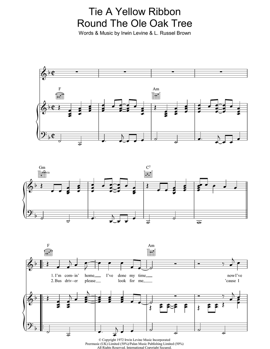 Tie A Yellow Ribbon 'Round The Old Oak Tree Piano, Vocal, Guitar scores gallery preview page 1