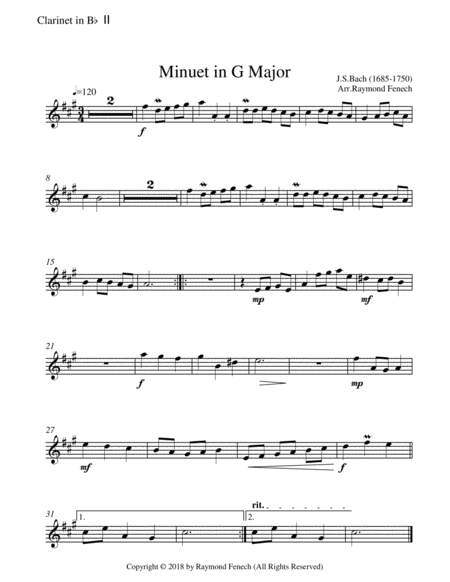Minuet in G Major - J.S.Bach - 2 B Flt Clarinets and Piano image number null