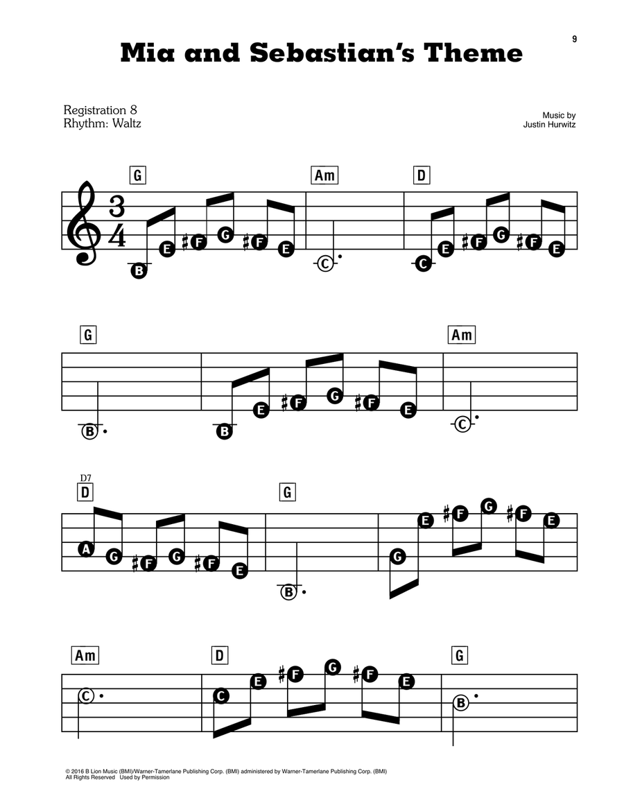 Mia & Sebastian's Theme (from La La Land) Electronic Keyboard scores gallery preview page 1