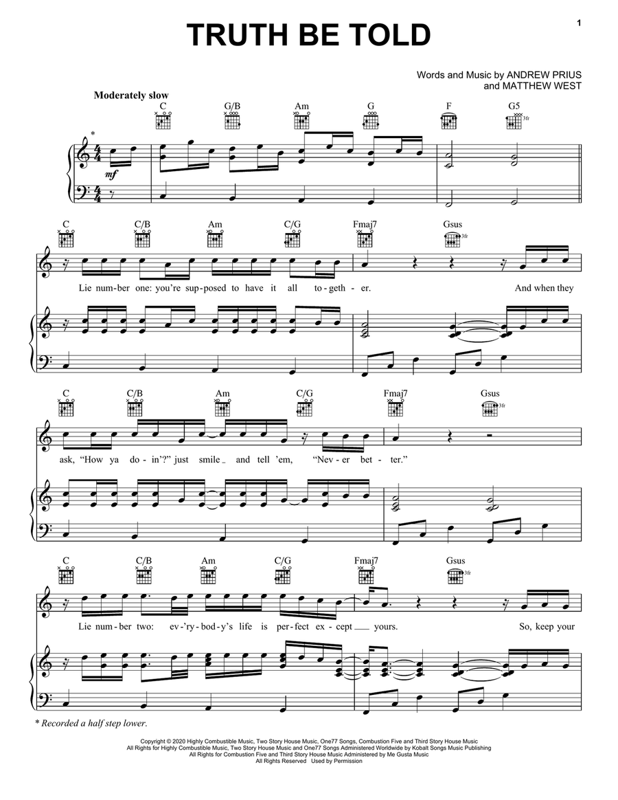 Truth Be Told Piano, Vocal, Guitar scores gallery preview page 1