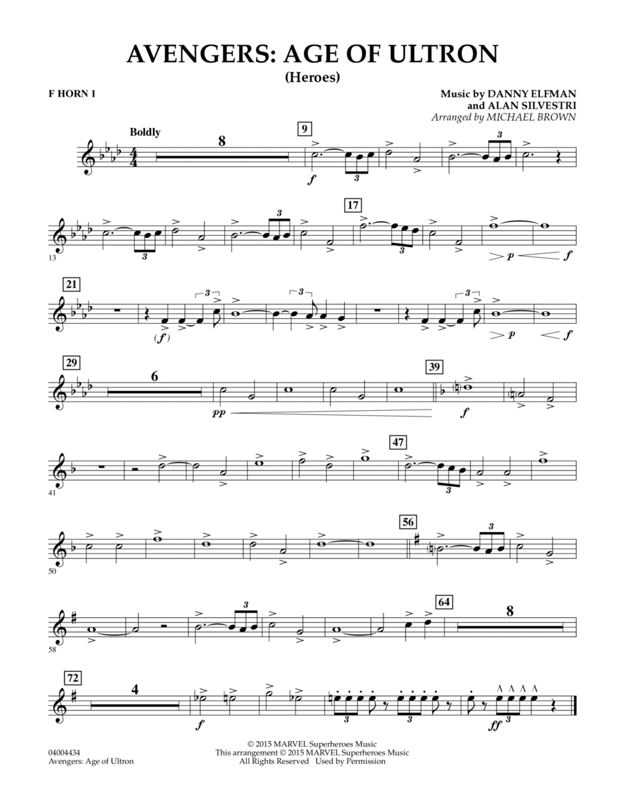 Avengers: The Age of Ultron (Main Theme) - F Horn 1 Concert Band scores gallery preview page 1