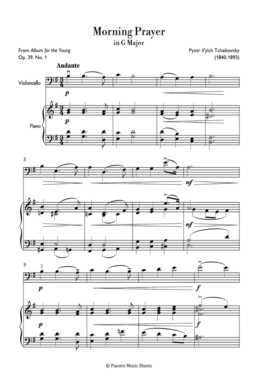 Tchaikovsky - Morning Prayer in G Major - Easy Piano scores gallery preview page 2