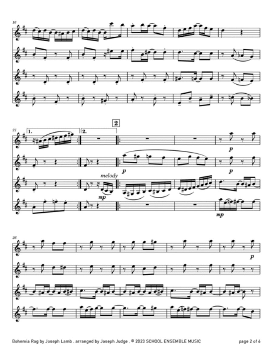 Bohemia Rag by Joseph Lamb for Clarinet Quartet Clarinet Quartet scores gallery preview page 2