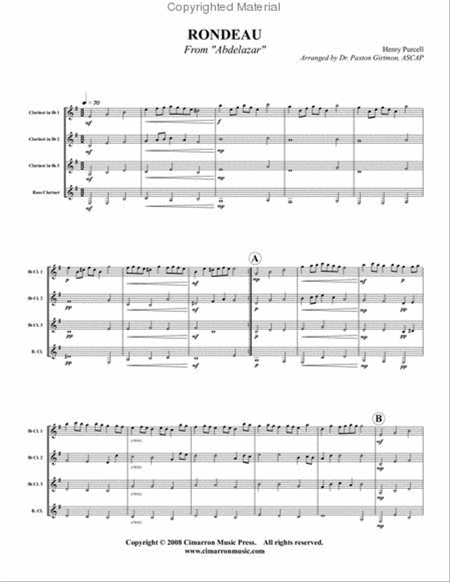 Rondeau from Abdelazar Clarinet Quartet scores gallery preview page 2