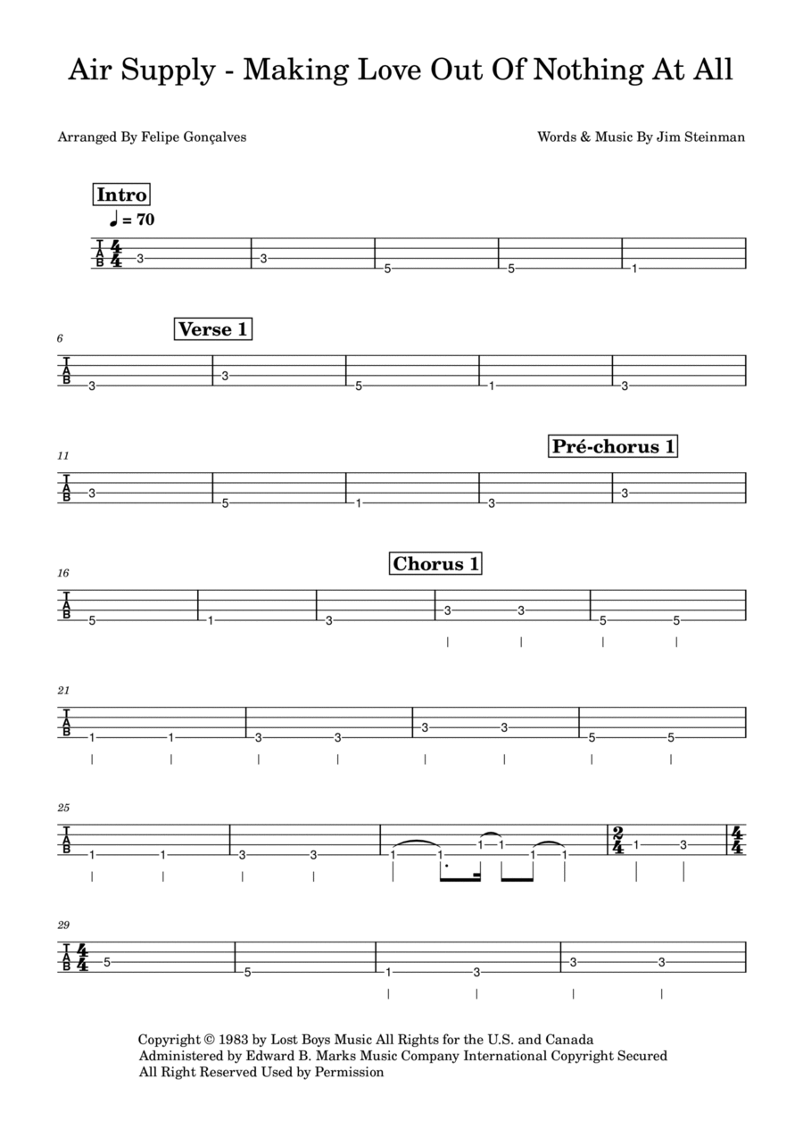 Making Love Out Of Nothing At All Bass Guitar Tablature scores gallery preview page 1