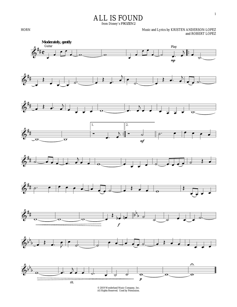 All Is Found (from Disney's Frozen 2) Horn Solo scores gallery preview page 1