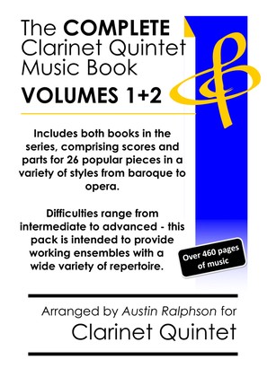 Book cover for COMPLETE clarinet quintet music mega-bundle book - pack of 26 essential pieces (volumes 1 and 2)