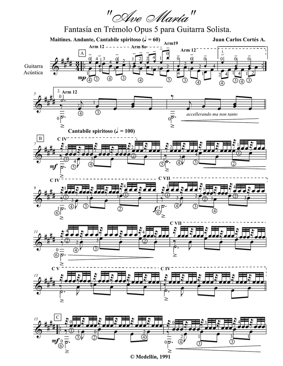 Ave María Fantasía en Trémolo Opus 5 para Guitarra Solista por JUAN CARLOS CORTÉS A. Classical Guitar scores gallery preview page 2