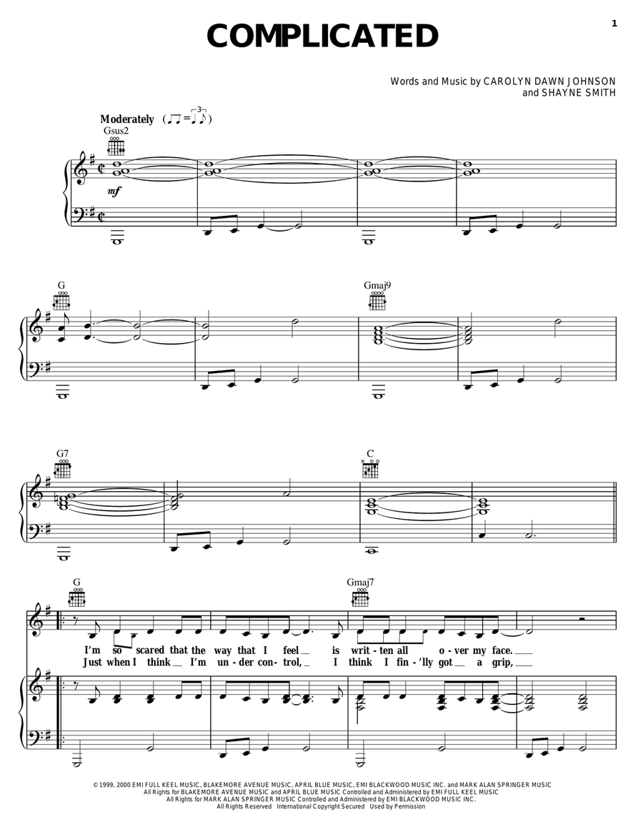 Complicated Piano, Vocal, Guitar scores gallery preview page 1