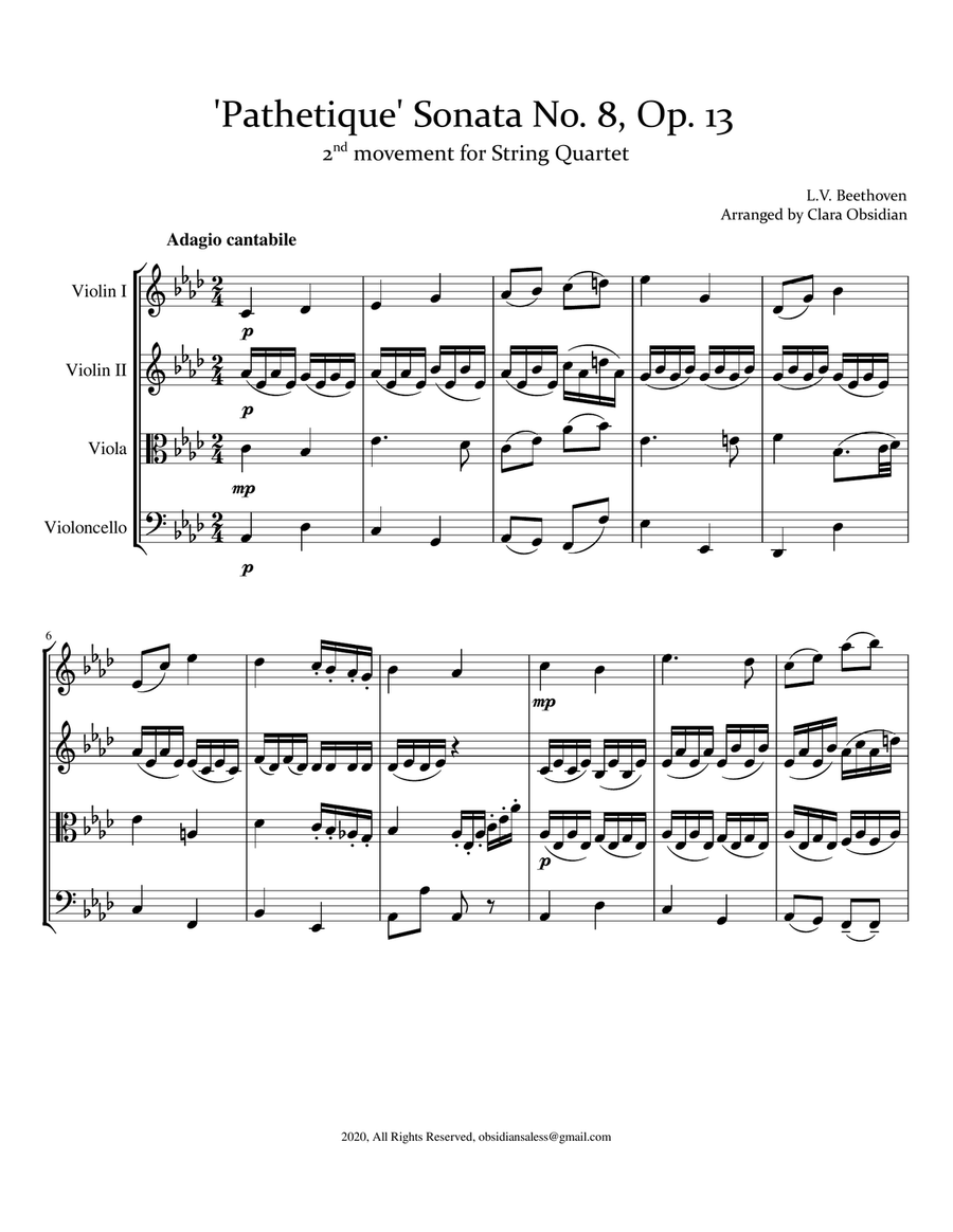 Beethoven: 'Pathetique' Sonata no. 8, Andante Cantabile, for String Quartet String Quartet scores gallery preview page 3