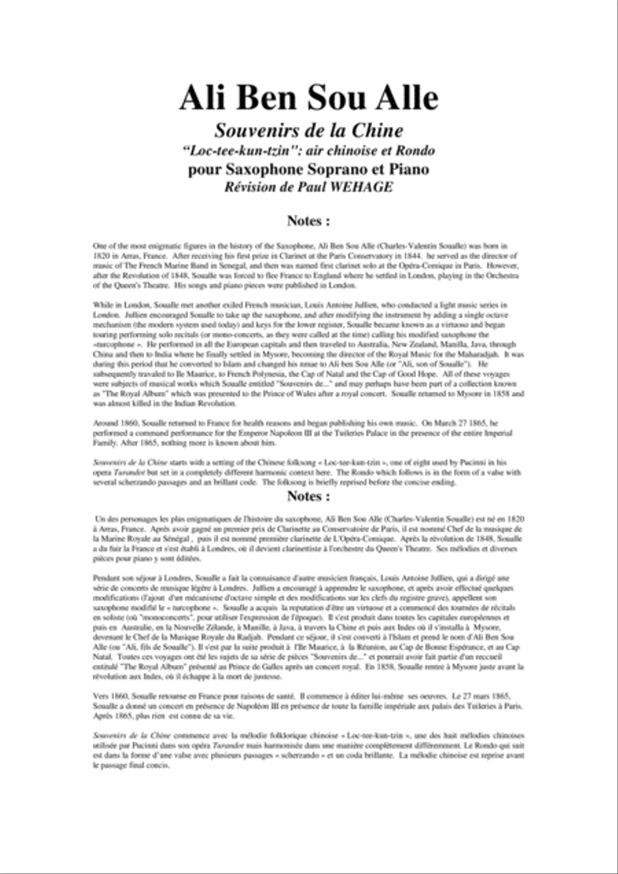 Ali Ben Sou Alle: Souvenirs de la Chine for soprano saxophone and piano Soprano Saxophone scores gallery preview page 1