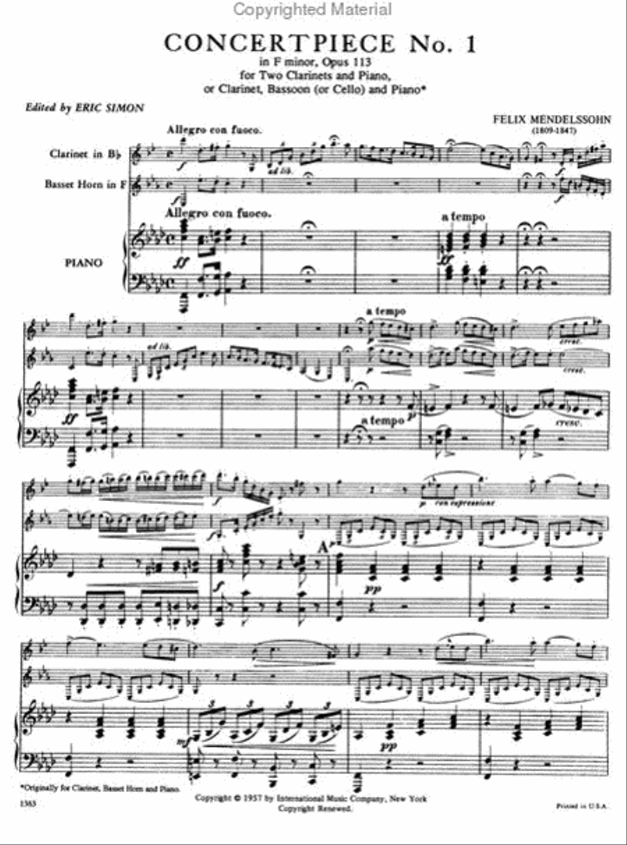 Concert Piece No. 1 in F minor, Op. 113 for Clarinet, Bassoon & Piano or 2 Clarinets & Piano