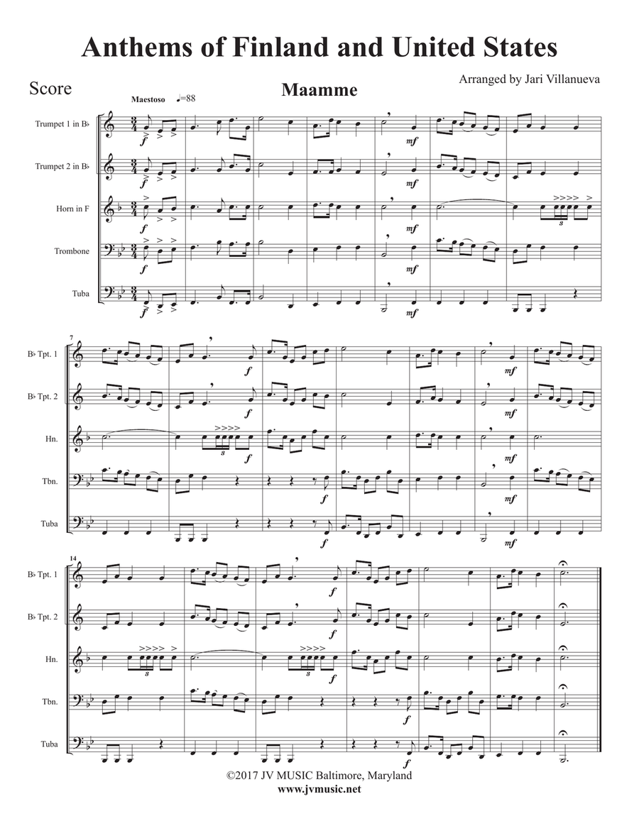 Finland National Anthem and US National Anthem for Brass Quintet Brass Quintet scores gallery preview page 3