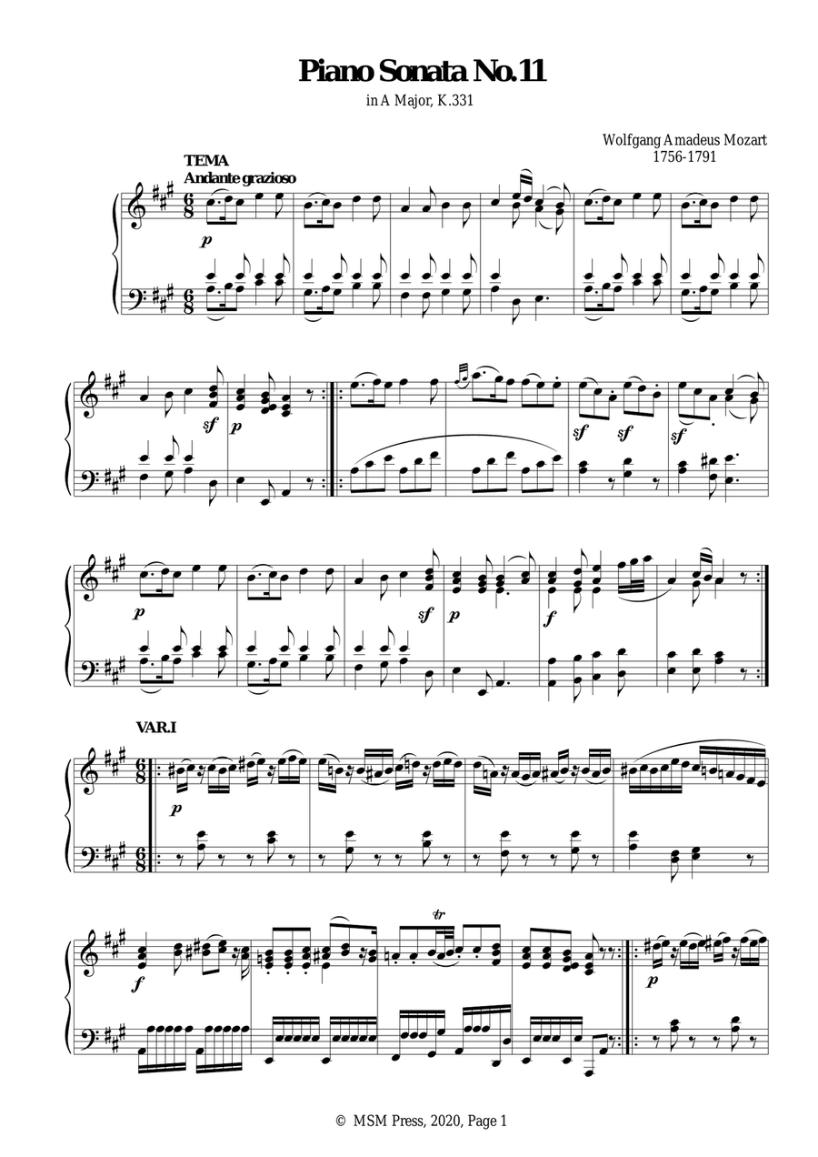Mozart-Piano Sonata No.11 in A Major,K.331 Piano Solo scores gallery preview page 3