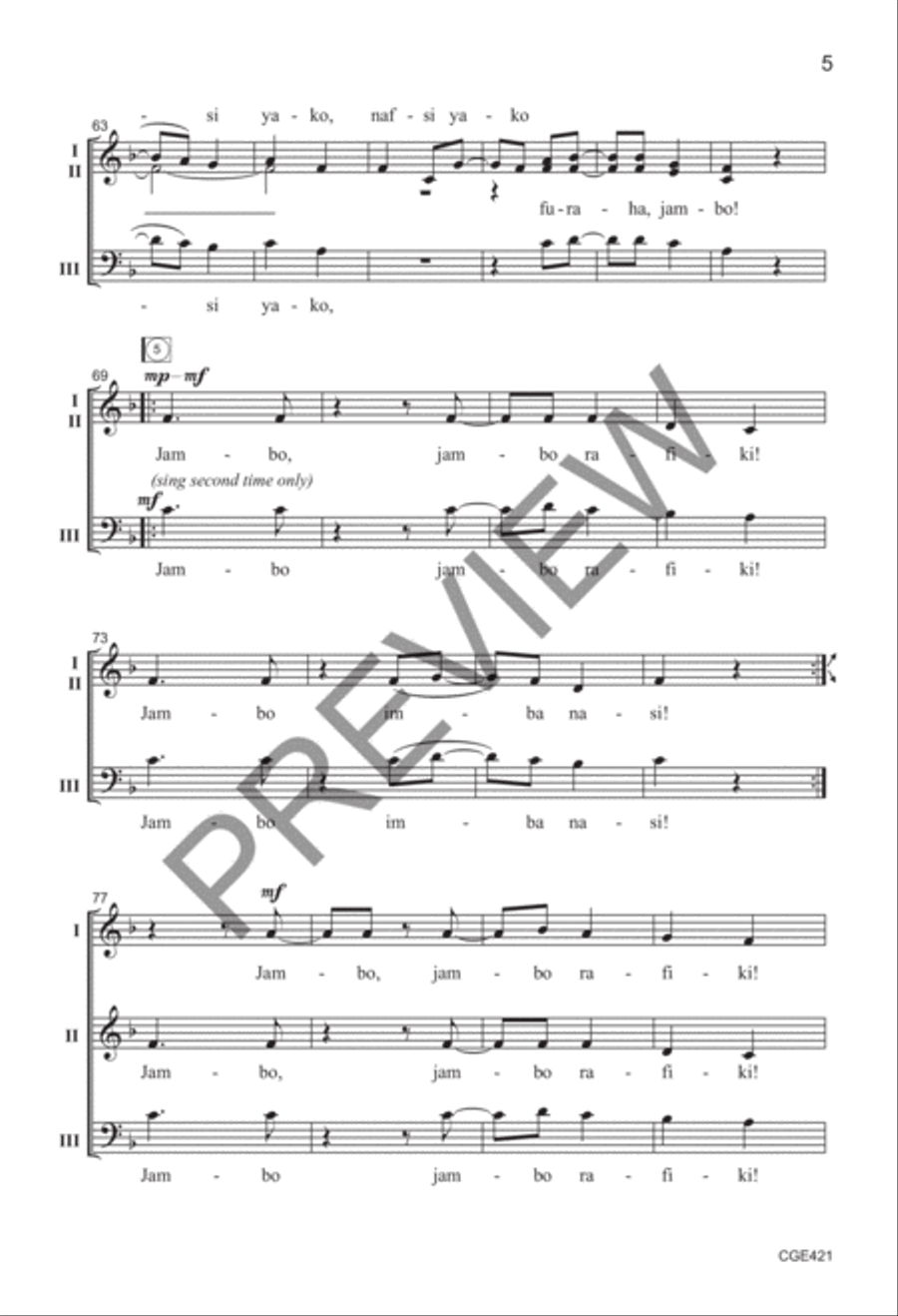 Jambo Rafiki! (Three-part Mixed with percussion) 3-Part scores gallery preview page 5