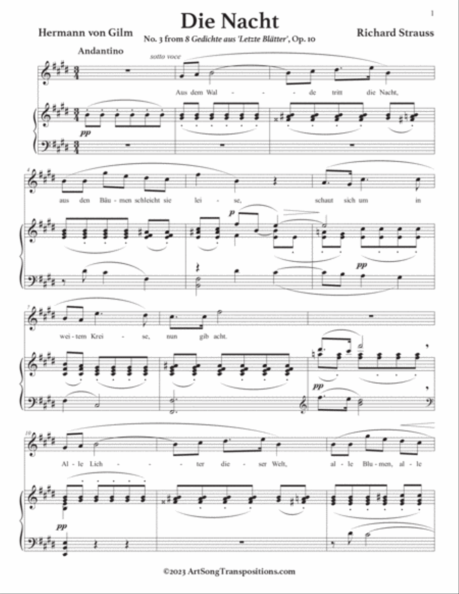 STRAUSS: Die Nacht, Op. 10 no. 3 (transposed to E major) Voice scores gallery preview page 2