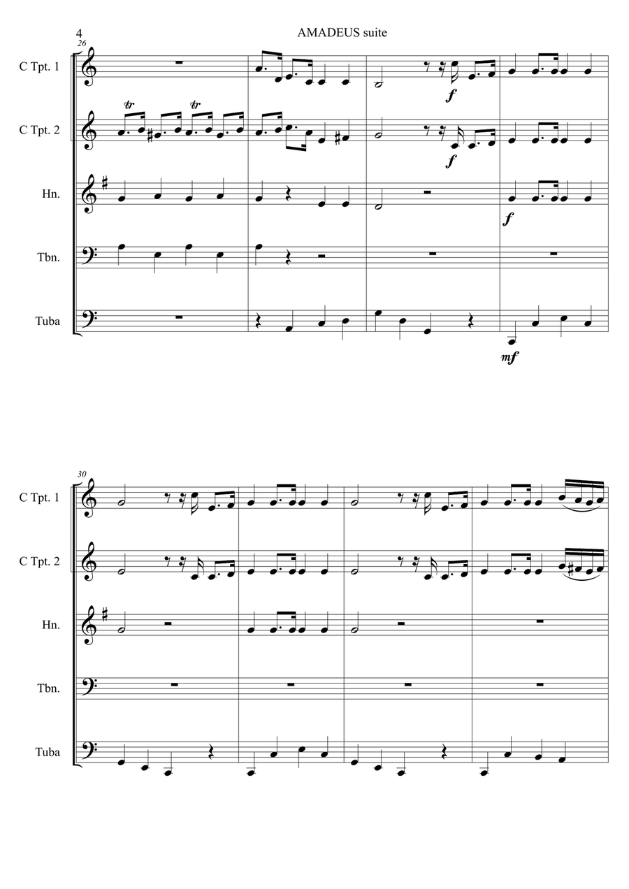 AMADEUS suite - 5. Ecco la marcia from Act 3 of LE NOZZE DI FIGARO Brass Ensemble scores gallery preview page 5