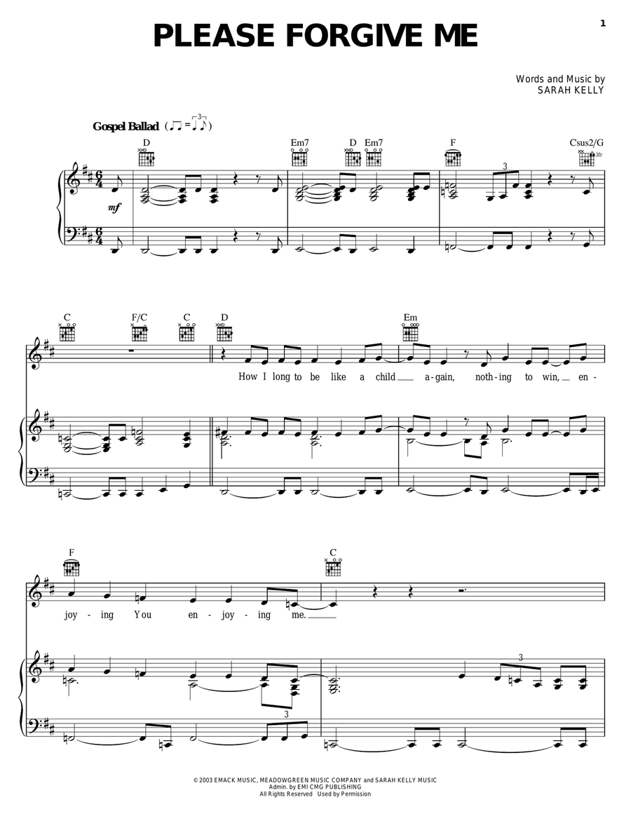 Please Forgive Me Piano, Vocal, Guitar scores gallery preview page 1