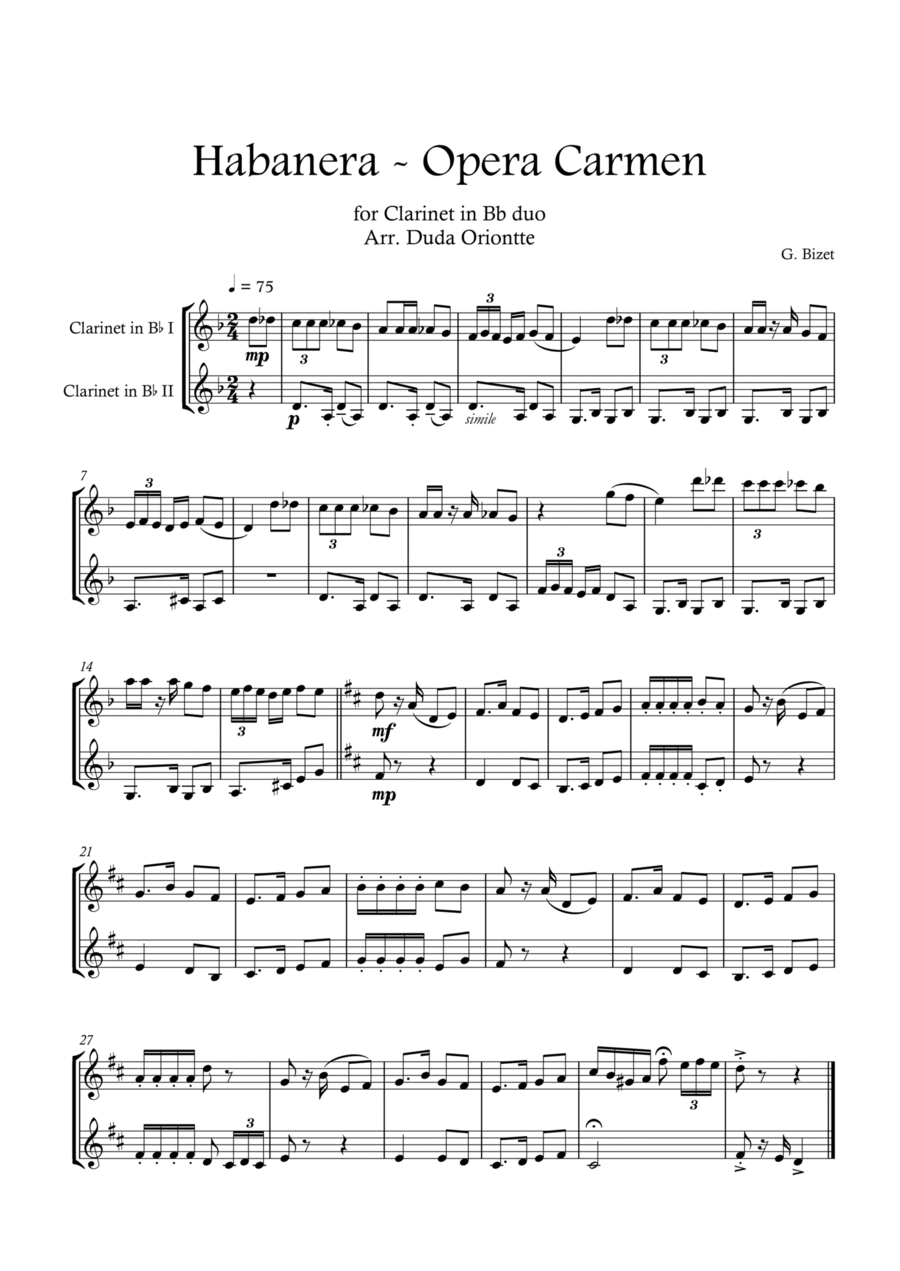 Carmen HABANERA - Bizet ( Clarinet in Bb DUO) Student Clarinet Duet scores gallery preview page 1