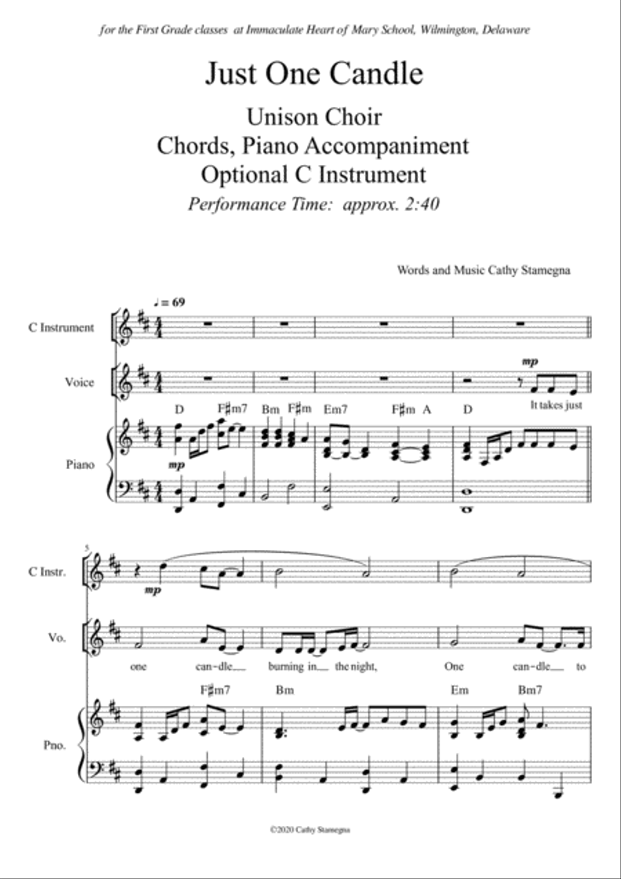 Just One Candle (Unison Choir, Chords, Piano Accompaniment, Optional C Instrument) Unison Choir scores gallery preview page 2