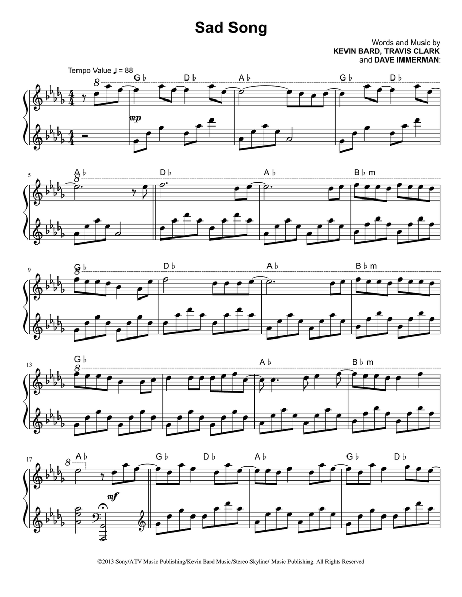 Sad Song Piano Solo scores gallery preview page 1
