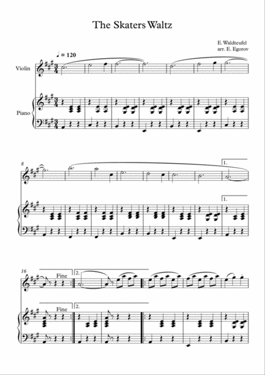 The Skaters Waltz, Emile Waldteufel, For Violin & Piano image number null
