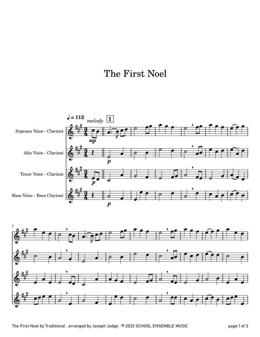 The First Noel for Clarinet Quartet in Schools Clarinet Quartet scores gallery preview page 1