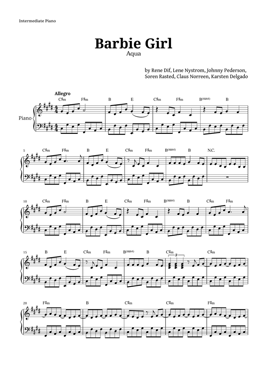 Barbie Girl Piano Solo scores gallery preview page 1