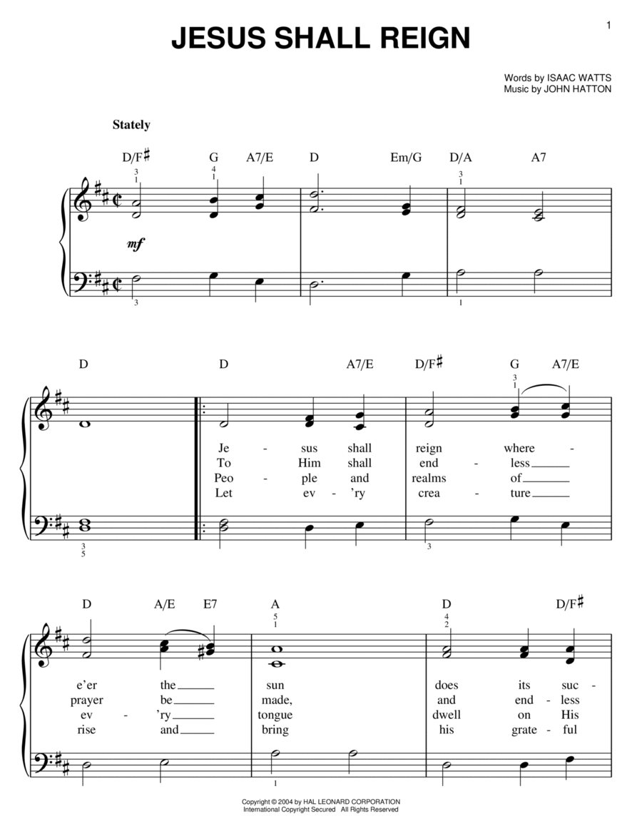 Jesus Shall Reign (Where'er The Sun) Easy Piano scores gallery preview page 1