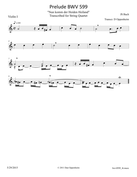 Bach: Prelude "Nun komm der Heiden Heiland" BWV 599 arr. for String Quartet image number null