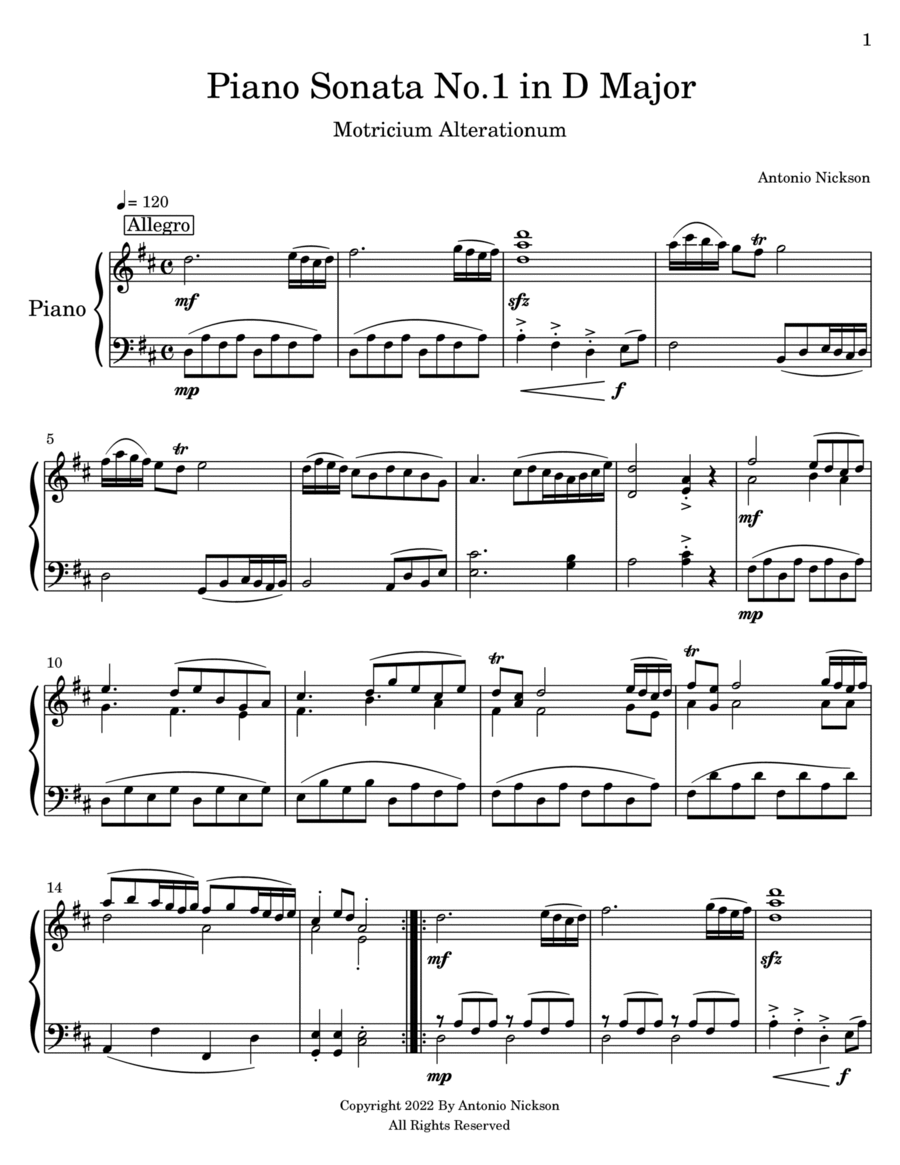 Piano Sonata No.1 In D Major Piano Solo scores gallery preview page 1