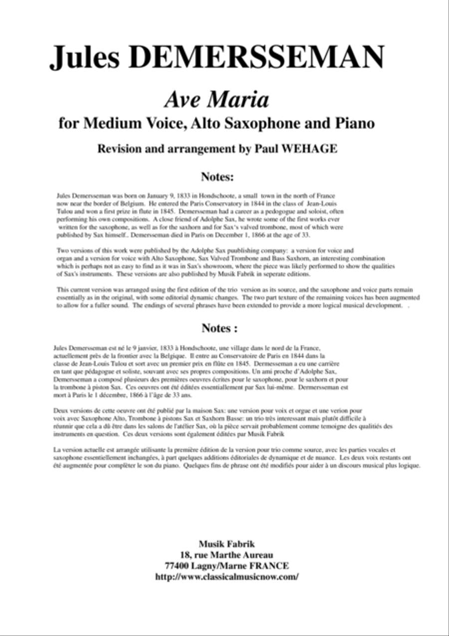 Jules Demersseman : Ave Maria for medium voice, alto saxophone and piano Small Ensemble scores gallery preview page 1