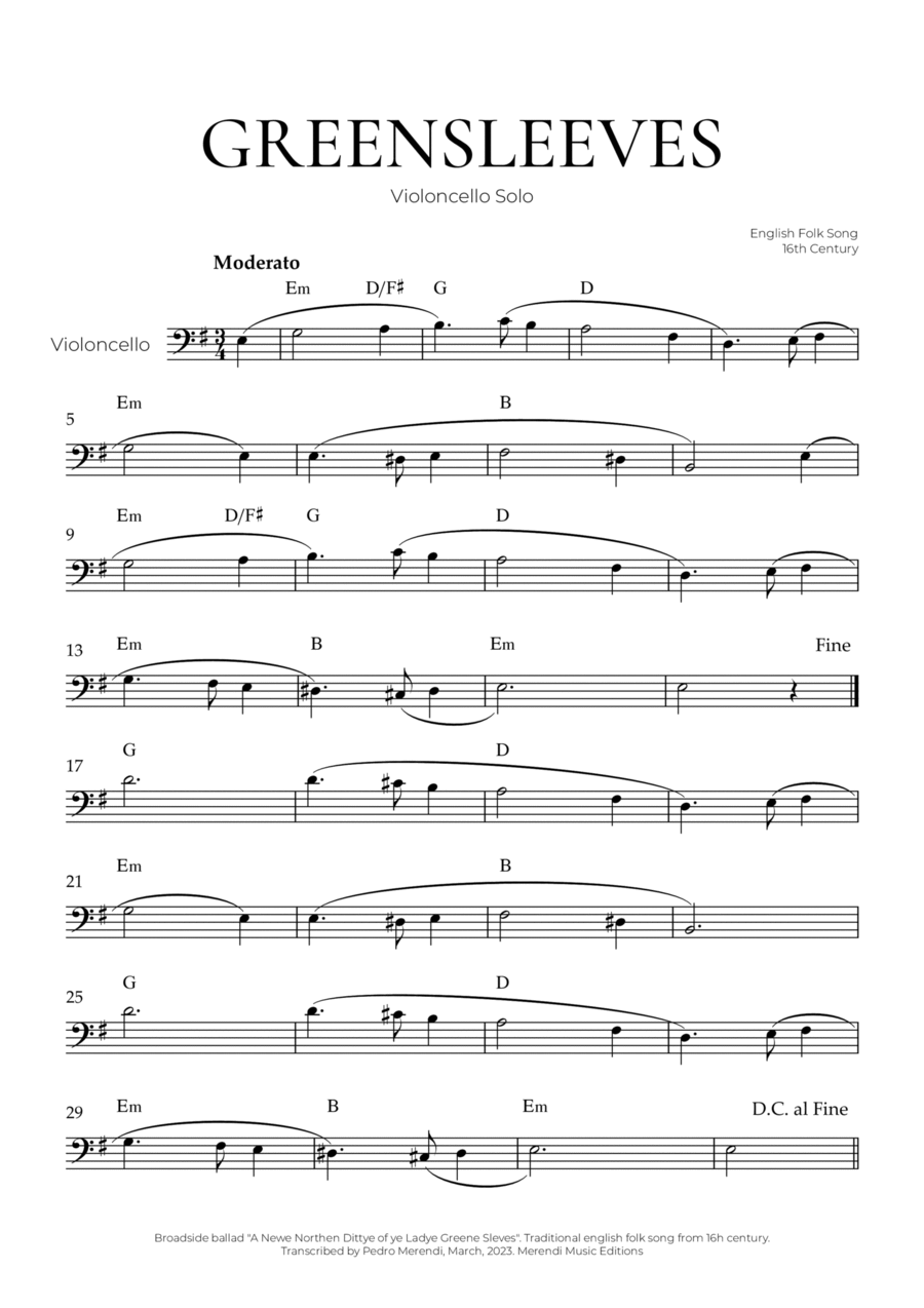 Greensleeves (Violoncello Solo) - English Folk Song Cello Solo scores gallery preview page 1