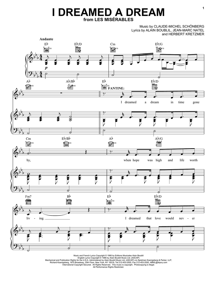 I Dreamed A Dream (from Les Miserables) Piano, Vocal, Guitar scores gallery preview page 1