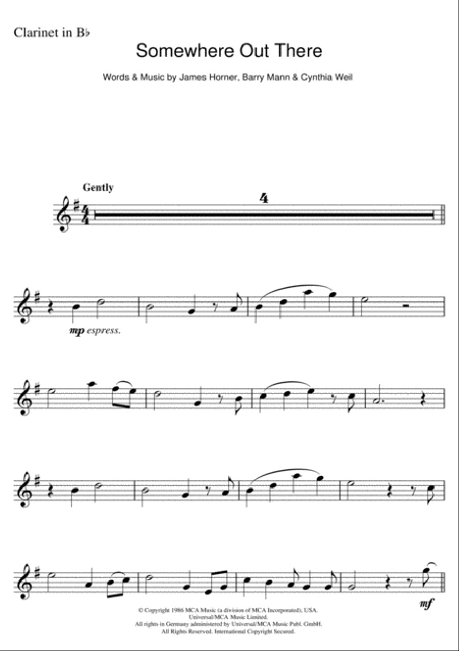 Somewhere Out There (from An American Tail) Clarinet Solo scores gallery preview page 1