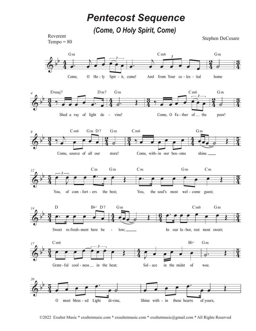 Pentecost Sequence (Come, O Holy Spirit, Come) (Unison choir - High Key) Unison Choir scores gallery preview page 1