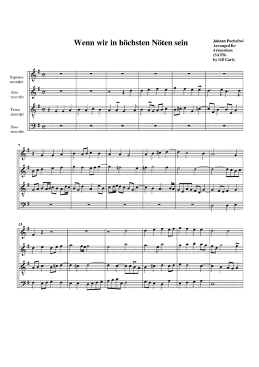 Wenn wir in hoechsten Noeten sein (arrangement for 4 recorders) Recorder scores gallery preview page 1