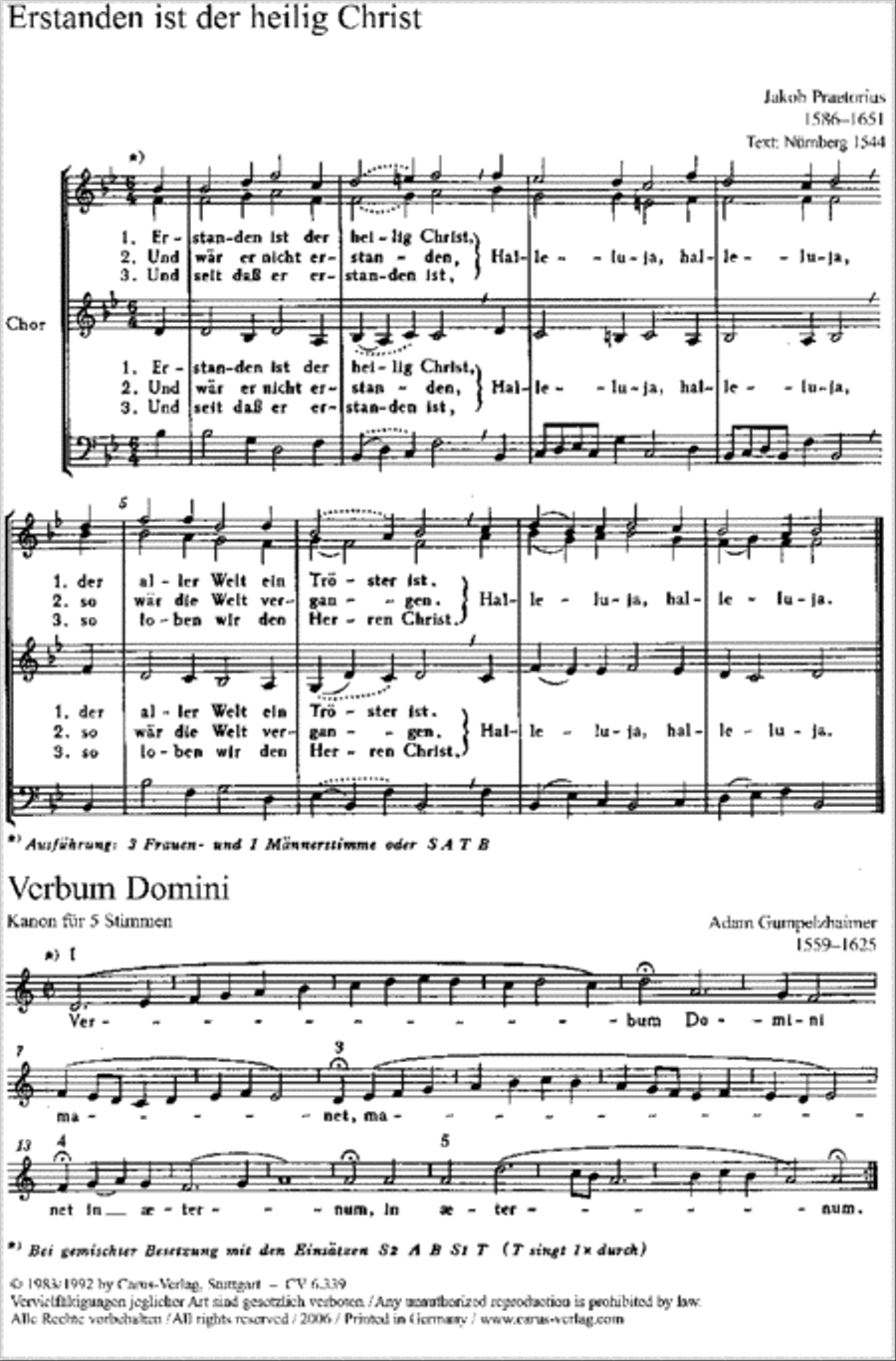 Praetorius: Erstanden ist der heilig Christ; Gumpelzhaimer: Verbum Domini; Schutz: Singet dem Herrn Score scores gallery preview page 1
