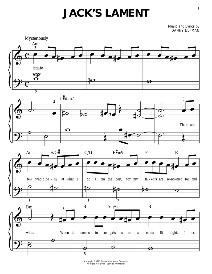 Jack's Lament (from The Nightmare Before Christmas) Easy Piano scores gallery preview page 1