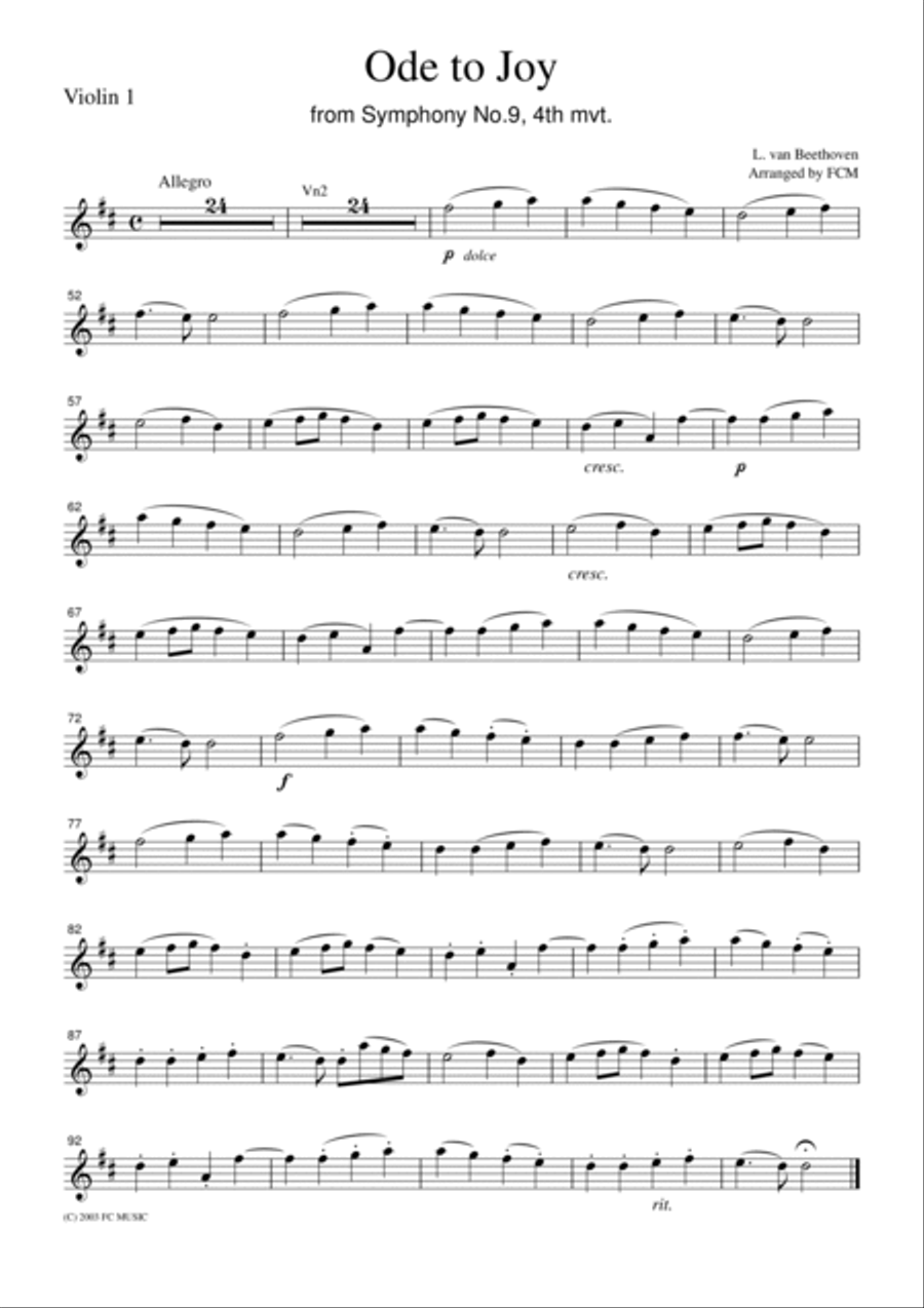 Beethoven Ode to Joy from Symphony No.9, 4th mvt., for string quartet, CB009 String Quartet scores gallery preview page 3