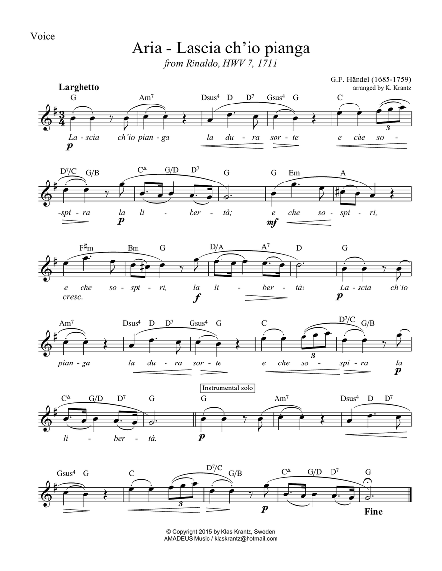 Aria - Lascia ch'io pianga for voice with guitar chords in G Major (lead sheet) Acoustic Guitar scores gallery preview page 2