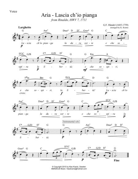Aria - Lascia ch'io pianga for voice with guitar chords in G Major (lead sheet) image number null