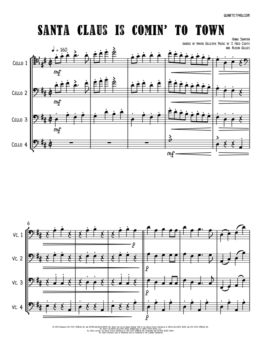 Santa Claus Is Comin' To Town Cello scores gallery preview page 1