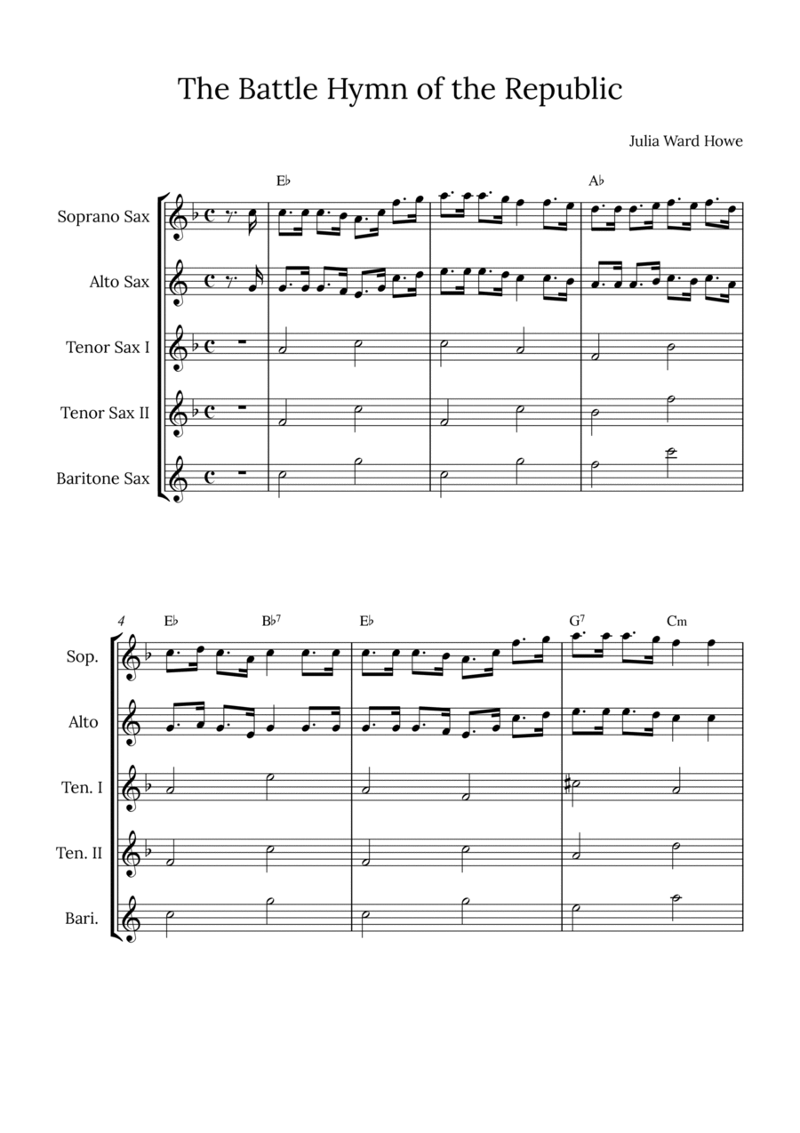 The Battle Hymn of the Republic Saxophone Quintet scores gallery preview page 1