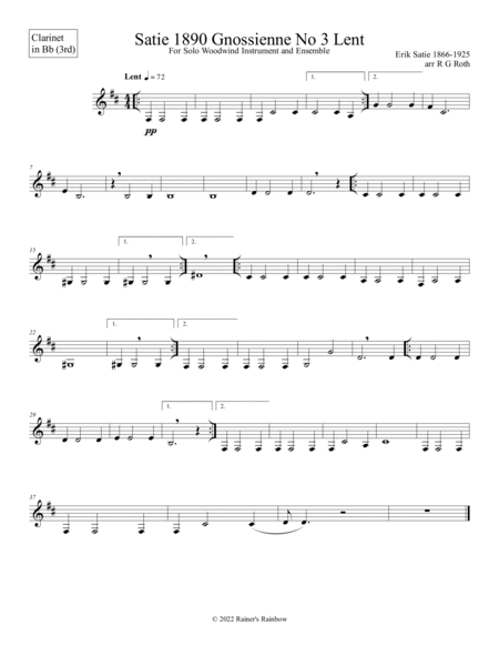 Satie Gnossienne No 3 for Clarinet Quartet Clarinet Quartet - Digital Sheet Music